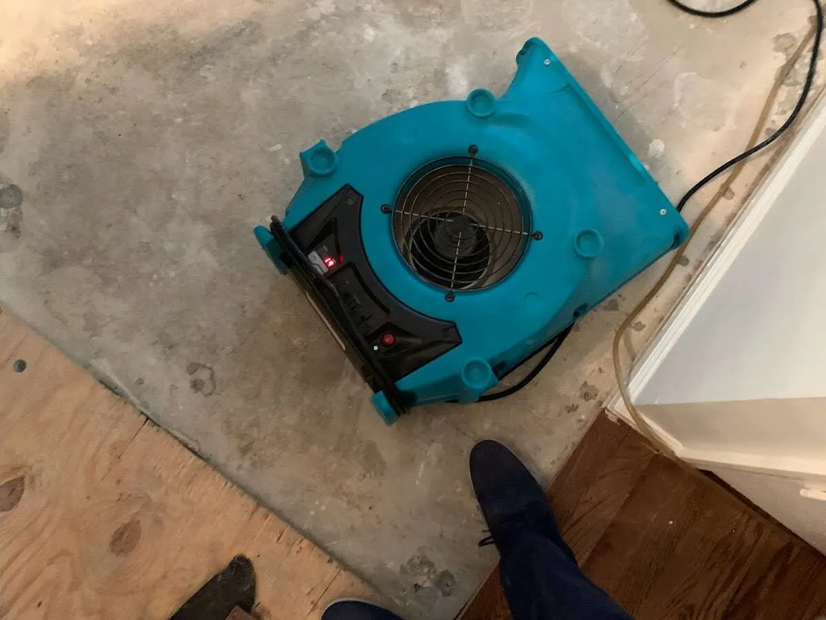 Air mover drying subfloor during Leak Detection & Repair in New Hempstead